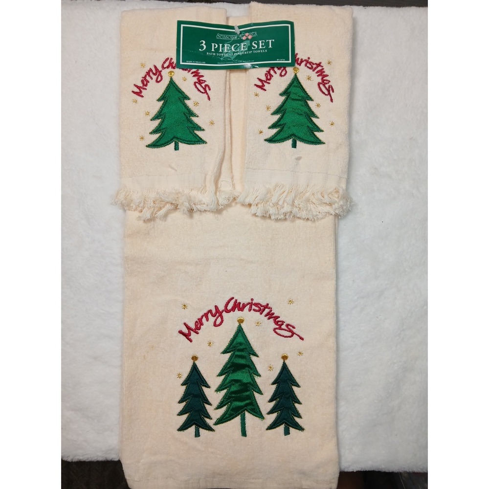 Vtg Cecil Saydah Embroidered Off White Christmas Tree Three Piece Towel Set